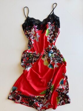 Natori Enchant Lace Slip Dress Red Floral Black Lace Chemise L